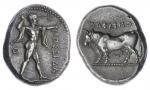 Lucania, Poseidonia, AR Nomos or Stater, c. 420-400 BC, POSEIDA, Poseidon standing right, throwing t