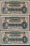 East African Currency Board, 1 shilling (3), Nairobi, 1 January 1943, red prefixes A/2, A/64 and B/5