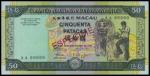 Macau, Banco Nacional Ultramarino,50 patacas, 1999, specimen, serial number AA00000,black, green and