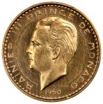 MONACO. Gold 10 Franc Essai (Pattern), 1950. Paris Mint. Rainier III. PCGS SPECIMEN-62.