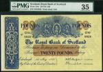 Royal Bank of Scotland, ｣20, 1 May 1957, serial number G/50 9926, blue and pale yellow with a red-br