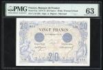 1874年法国20法郎, 编号V.54 836. PMG 63, 钉孔有修补. PMG评级纪录唯一冠军分. 罕见早期签名. 几乎150年前发行的美品钞票
