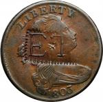 1803 Draped Bust Cent. S-260. Rarity-1. Small Date, Large Fraction--E.T Counterstamp--VF-30.