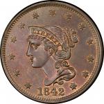1842 Braided Hair Cent. Newcomb-8. Large Date. Rarity-1. Mint State-66 BN (PCGS).