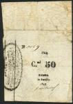 Assedio di Palmanova, 50 centismi, 1848, serial number 5029, manuscript black text on cream parchmen