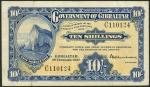 Government of Gibraltar, 10 shillings (3), 1927, 1937, 1942, all prefix C, blue and yellow, the Rock