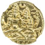 VIJAYANAGAR: Devaraya I, 1406-1422, AV pagoda, Mitch-450, Siva & Parvati seated, holding antelope he