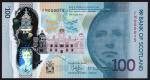 Bank of Scotland, polymer £100, 16 August 2021, serial number FM 000015, green, Sir Walter Scott at 