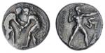 Pamphylia, Aspendos, AR Stater, c. 380-330 BC, two nude wrestlers grappling, monogram between, all w