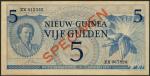 Netherlands New Guinea, specimen 5 gulden, 2 January 1950, serial number ZX0123456 and ZX067890, blu