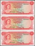 BAHAMAS. Lot of (3). Bahamas Monetary Authority. 3 Dollars, 1968. P-28a. Consecutive. Choice Uncircu