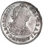 Potosi, Bolivia, bust 2 reales, Charles III, 1773 JR, NGC MS 61, finest known in NGC census.