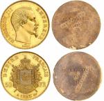 Napoléon III (1852-1870). 50 francs 1855, paire d’épreuves unifaces en bronze doré sur flan bruni, t