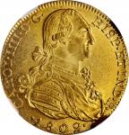 COLOMBIA. 8 Escudos, 1802-NR JJ. Nuevo Reino Mint. Charles IV. NGC MS-63+.