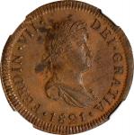 GUATEMALA. Copper 2 Reales "Unfinished" Trial, 1821-NG M. Nueva Guatemala Mint. Ferdinand VII. NGC M