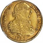 COLOMBIA. 8 Escudos, 1790-P SF. Popayan Mint. Charles IV (1788-1808). NGC AU-55.