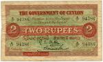 Banknotes. Sri Lanka (Ceylon). Government of Ceylon: 2-Rupees, 1 March 1917, serial no.A/17 94386 (P