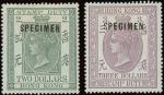 Hong Kong Postal Fiscals 1902 $2 dull bluish green and $3 dull mauve overprinted "<H>specimen" , par