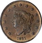 1831 Matron Head Cent. N-3. Rarity-1. Medium Letters. MS-64 BN (PCGS).