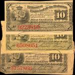 CUBA. Banco Espanol de la Habana. 10 Cents, 1872-83. P-30a, 30b, & 30d. Very Fine to Extremely Fine.