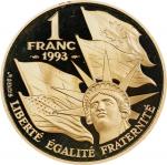 1993年法国1法郎金币。巴黎造币厂。FRANCE. Gold Franc, 1993. Paris Mint. GEM PROOF.