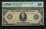 1914年美国联邦储备券10元，编号G62141930A，蓝印，芝加哥发行，PMG 20，有锈渍