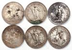 1900-B，1902-B，1903-B及1911-B英国贸易银元一组6枚，1900-B有3枚，F或以上品相，均有打戳