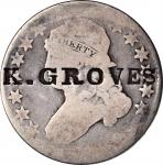 K. GROVES on an 1819 B-2 Capped Bust quarter. Brunk-Unlisted, Rulau-Unlisted. Host coin Good.