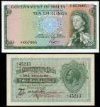 Government of Malta, 1/- & 10/-, 1940 & 1963, serial numbers A/1 45213 & A/1 057005, 1/- overprinted