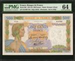 1941-43年法国银行500法郎。FRANCE. Banque de France. 500 Francs, 1941-43. P-95b. PMG Choice Uncirculated 64.