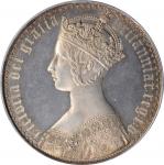 1847年维多利亚一圆银币。伦敦造币厂。 GREAT BRITAIN. Gothic Crown, 1847. London Mint. Victoria. PCGS PROOF-63 Gold Sh