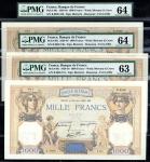 Banque de France, consecutive 1000 francs (3), 26 January 1939, serial number B.9888 189/190/191, or