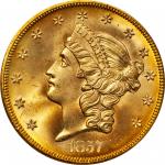 1857-S Liberty Head Double Eagle. Variety-20A. Spiked Shield. Gold S.S. Central America. MS-66 (PCGS