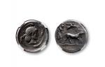 古希腊西西里岛叙拉古城邦四德拉克马银币一枚，重：16.85g，NGC CH XF  公元前485-465年，西西里岛的叙拉古城发行 正面：赛马车的场景，上方是胜利女神。背面：仙女阿瑞苏萨头像，杏眼侧视