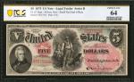 Fr. 67. 1875 $5 Legal Tender Note. PCGS Banknote Choice Uncirculated 64.