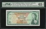 1965年东加勒比货币管理局5元，安地卡地名，编号D12 770573，PMG 65EPQ