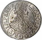AUSTRIA. 3 Kreuzer, 1696-GE. Prague Mint. Leopold I (1657-1705). ICG AU-50.