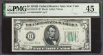 Fr. 1958-B*. 1934B $5  Federal Reserve Star Note. New York. PMG Choice Extremely Fine 45.