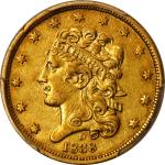 1838-D Classic Head Half Eagle. HM-1, Winter 1-A, the only known dies. Rarity-3. AU-50 (PCGS). CAC.