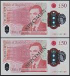 Bank of England, £50, 23 June 2021, serial number AA01 000124/125, red, Queen Elizabeth II at right 