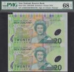 x Reserve Bank of New Zealand, an uncut pair of $20, 1999, serial number AA99013529 and 729, (Pick 1