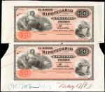 COLOMBIA. Uncut Pair of (2). El Banco Hipotecario. 50-50 Pesos, 1881. P-S514p. Proof Sheet. Extremel