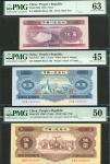 中国人民银行第二版人民币一组3枚，包括1953年5角及2元，编号I VIII II 5806629，II VI III 8402389，及1956年5元星水印，编号VII VIII VI 655959