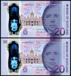 Bank of Scotland, £20 polymer issue, 1 June 2019, serial number AA 000550/600, purple, indigo and da