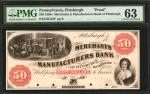 Pittsburgh, Pennsylvania. Merchants & Manufacturers Bank of Pittsburgh. 1850s $50. PMG Choice Uncirc