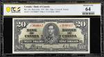 CANADA. Bank of Canada. 20 Dollars, 1937. BC-25c. PCGS Banknote Choice Uncirculated 64.