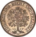 ワイマール共和国(Weimar Republic), 1927, 銀(Ag), 5ﾏﾙｸ Mark, PCGS PR63, 極美/未プルーフ, AUProof, かしの木図 5マルク銀貨 1927年(