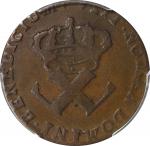 1722-H French Colonies Sou, or 9 Deniers. La Rochelle Mint. Martin 2.18-D.3, W-11840. Rarity-6+. VF-