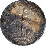 1908-B年英国贸易银元站洋壹圆银币。孟买铸币厂。 GREAT BRITAIN. Trade Dollar, 1908-B. Bombay Mint. PCGS AU-58.