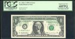 1921-1995美国1元错体票，部份反面覆印于正面，编号C35367191F，PCGS 68PPQ，San Joaquin Collection